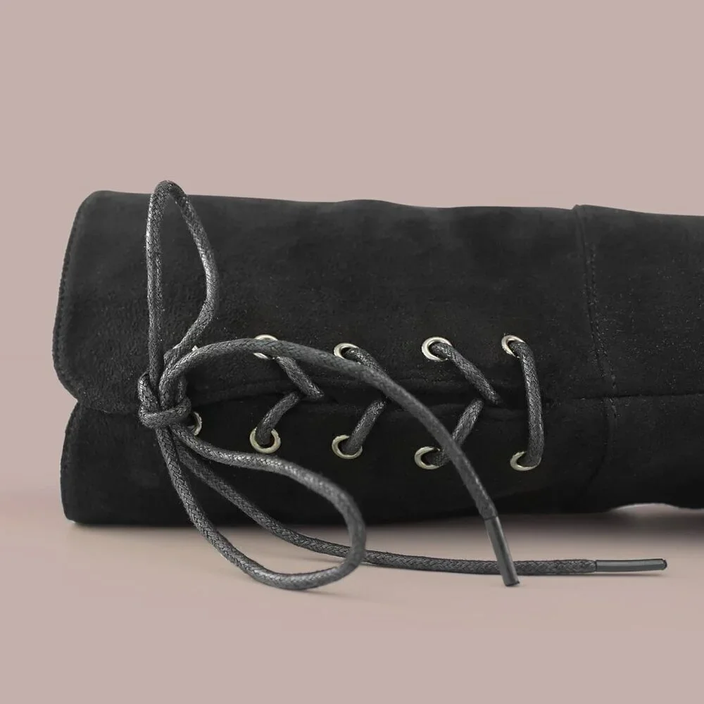 Women's Black Faux Suede Thigh High Over The Knee Black Low Flat Heel Boots